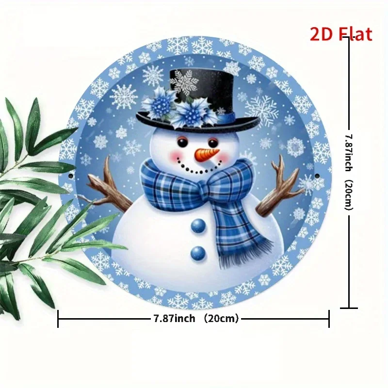مسطح ثنائي الأبعاد، طباعة مسطحة ثنائية الأبعاد، لوحة فنية جدارية معدنية ملهمة عتيقة - رجل ثلج شتوي أزرق مع قبعة ووشاح زهور #2
