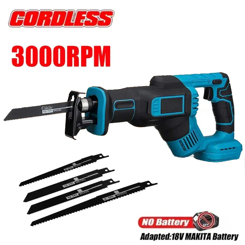 3000RPM Cordless Reciprocating Saw Adjustable Speed Chainsaw Wood Metal PVC Pipe Cutting Bandsaw Power Tool Makita 18V Battery