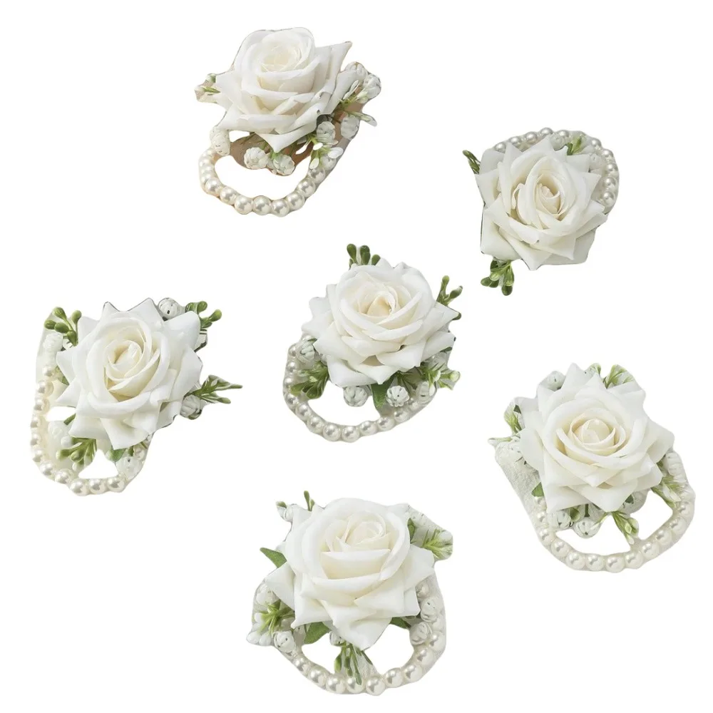 6PCS/SET Artificial Rose Flower Wrist Flower Exquisite Beautiful Wedding Wrist Corsage Silk Flower Bridesmaids Bracelet
