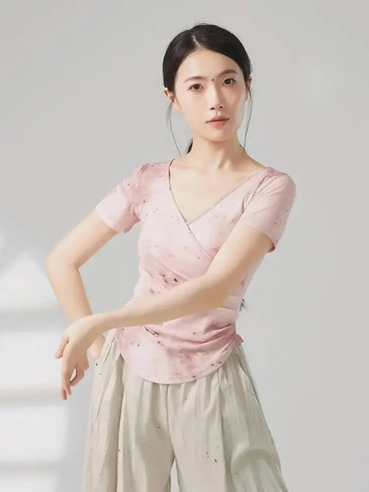 Tie Dye V คอแขนสั้น SLIM FIT Dance TOP ผู้หญิงโมเดิร์นร่วมสมัยบัลเล่ต์แจ๊สฝึก STAGE Performance ศิลปะเสื้อ
