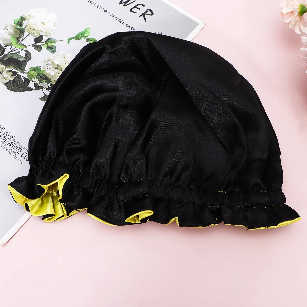 

Lightweight Kids Satin Fabric Elastic Wide Rim Sleeping Hat for Hair Protection Home Sleep Wash Face Use Yellow