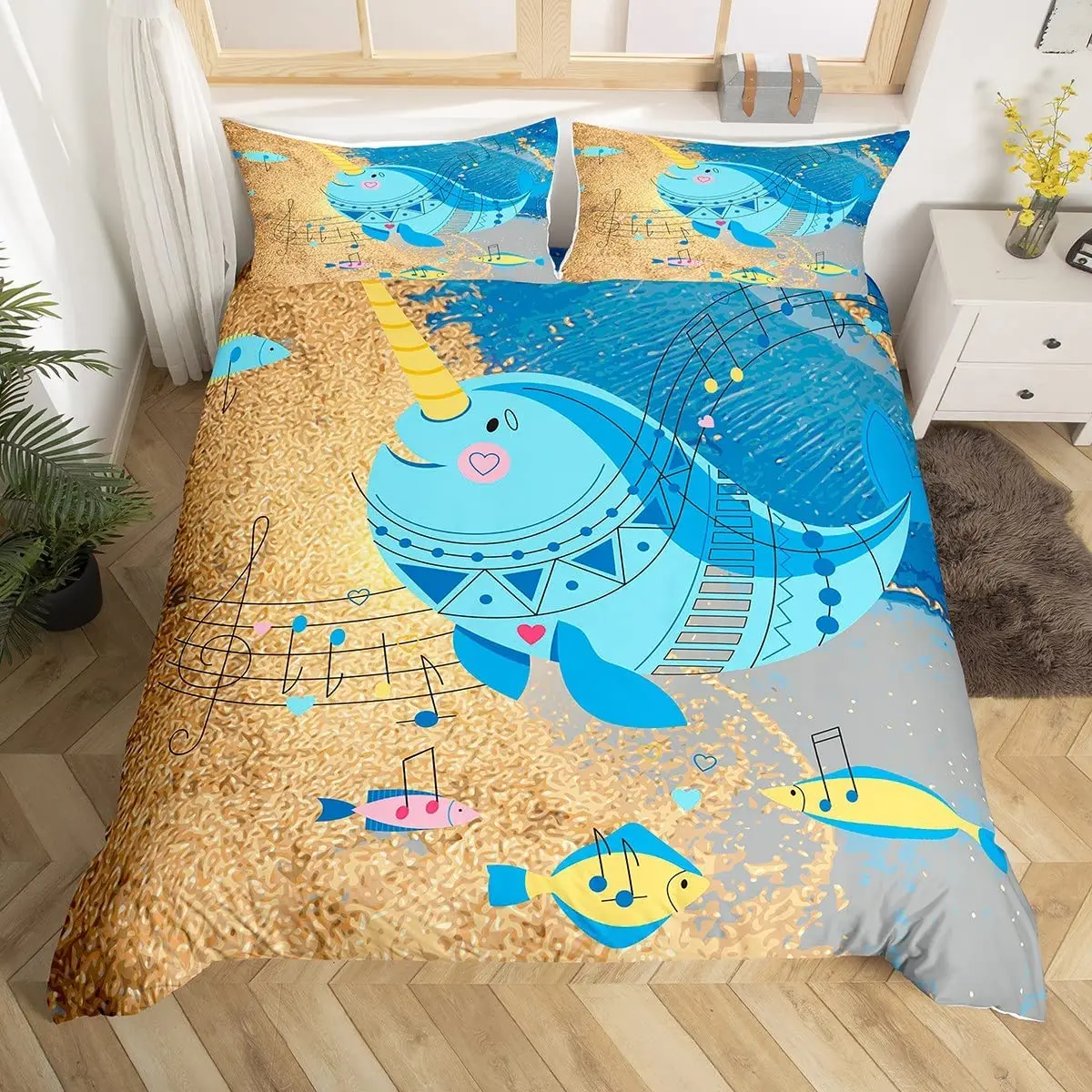 

Dolphin Comforter Cover King Size Cute Unicorn Duvet Cover Cartoon Animal Pattern Bedding Set Blue Ocean Beach Theme Quilt Cover