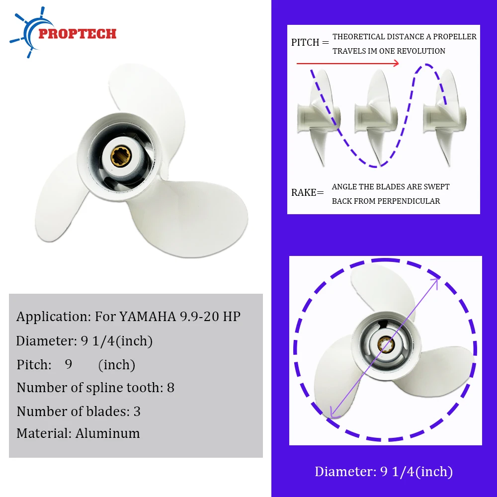 Boat Propeller Fit 9.9-20hp YAMAHA 9 1/4×9 Aluminum Alloy Outboard Engine Part 3 Blade 8 Spline Tooth Ship Part