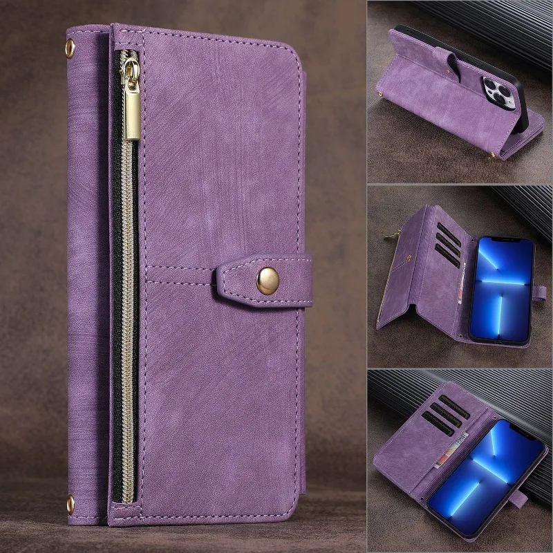 Luxury Leather Zipper Multi Card Wallet Phone Case For Samsung Galaxy S22 S21 S20 FE Ultra S10 Plus Hand Rope Holder Flip Cover