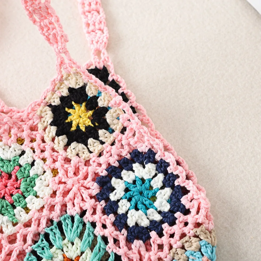 Women Tote Bag Floral Crochet Large Capacity Knitted Bag Trendy Handmade Cut-out Boho Bag Vintage Multicolor Hollow Out Handbag