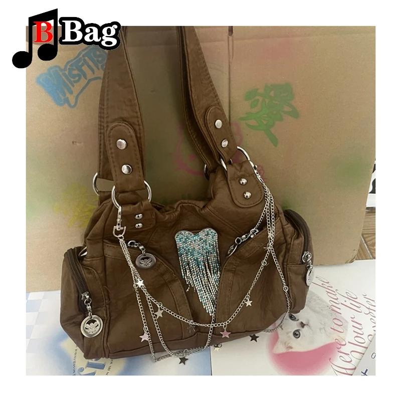 Brown casual pu bag Spice Girl Versatile Harajuku tote Gothic punk woman one shoulder cross body handbag