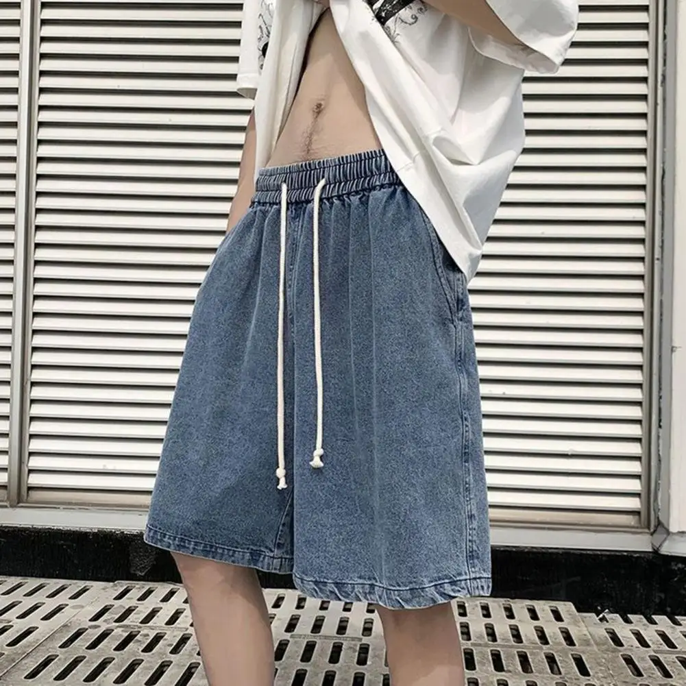 

Loose Fit Shorts Wide Leg Men's Denim Shorts Elastic Waistband Adjustable Drawstring Casual Loose Fit Stylish Thin Washed Shorts