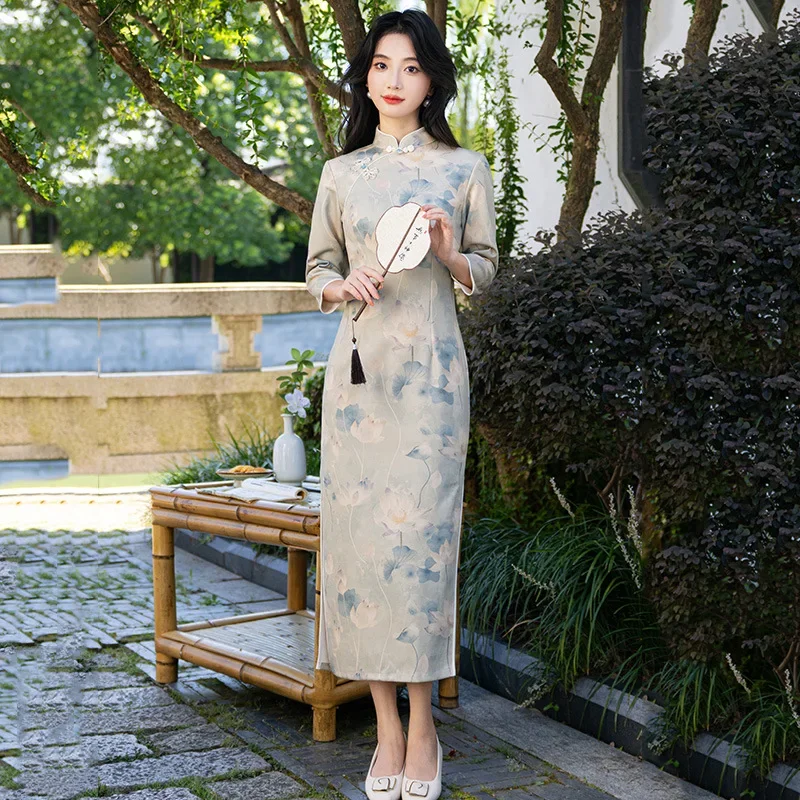 

Новое улучшенное Cheongsam с перевернутыми большими рукавами в китайском стиле, новое молодежное облегающее платье в стиле ретро с длинными рукавами, весенне-осеннее платье Qipao