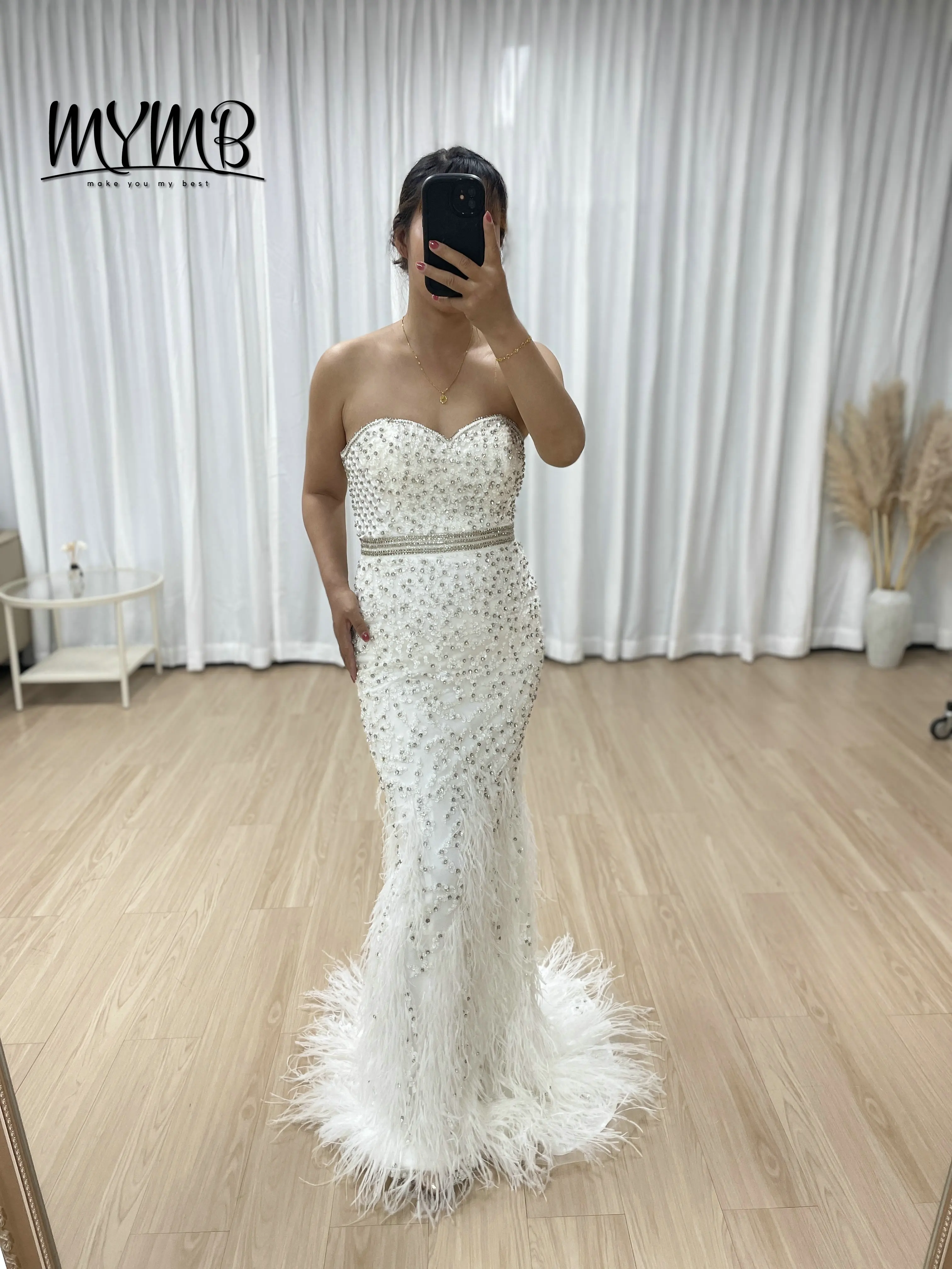 

MYMB Classy Strapless Luxury Handmade Beaded Diamond White Feather Bottom Embellished Evening Dress for Formal Occasion MB40397
