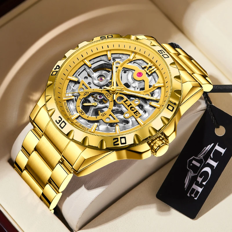 LIGE Simple Luxury Man Mechanical Watch Retro Skeleton Dial Fashion Business Waterproof Luminous Automatic Movement Wristwatches