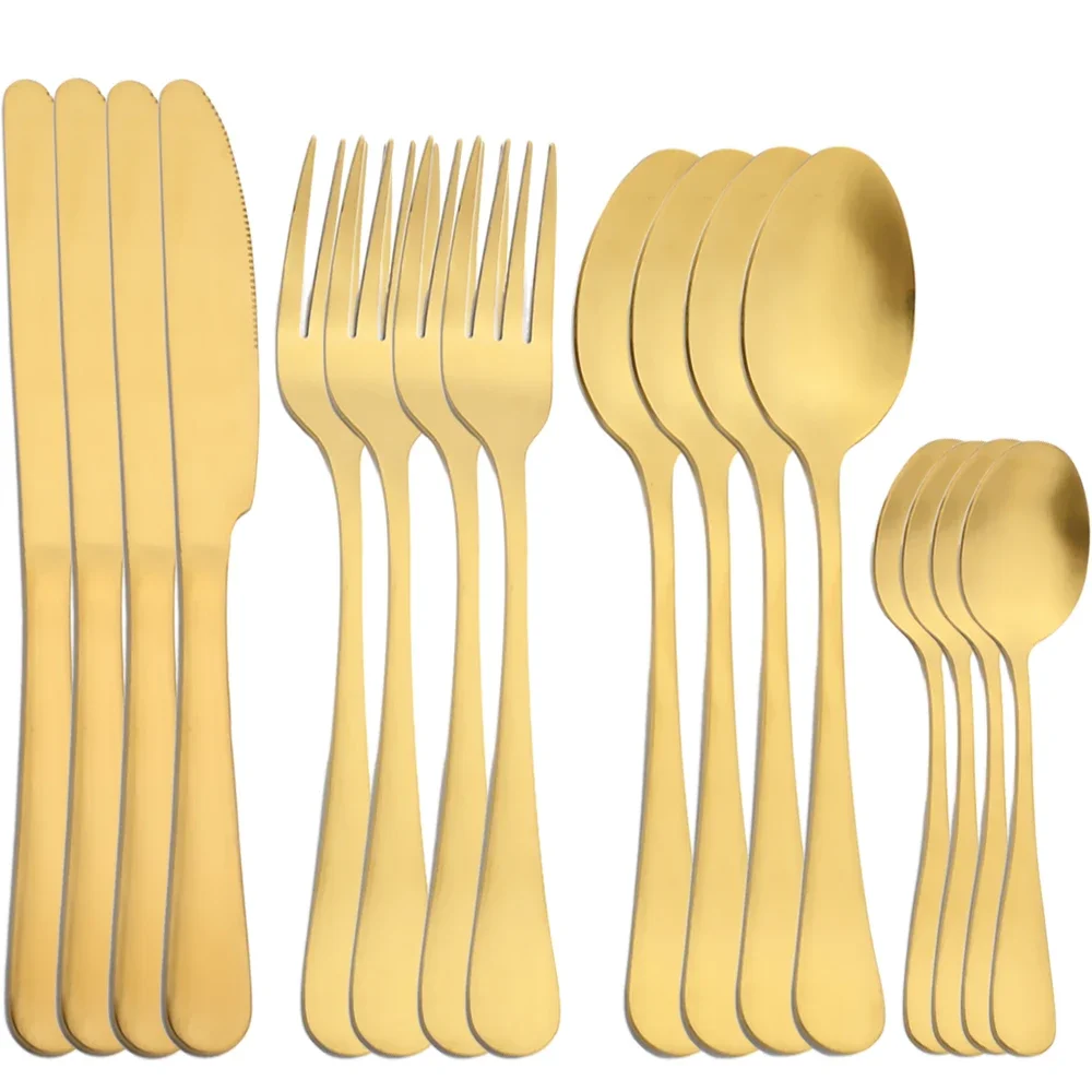 16pcs Stainless Steel Gold Dinnerware Set Knife Fork Spoon Teaspoon Flatware Matte Dishwasher Safe Kitchen Tableware Set