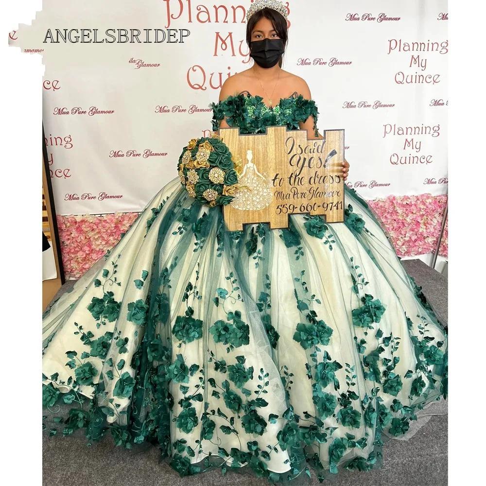 ANGELSBRIDEP 3D ดอกไม้สีเขียวเข้มชุดไปงานเต้นรำ Quinceanera ชุด Applique 15ปีสาวชุด Vestidos De 15ปี