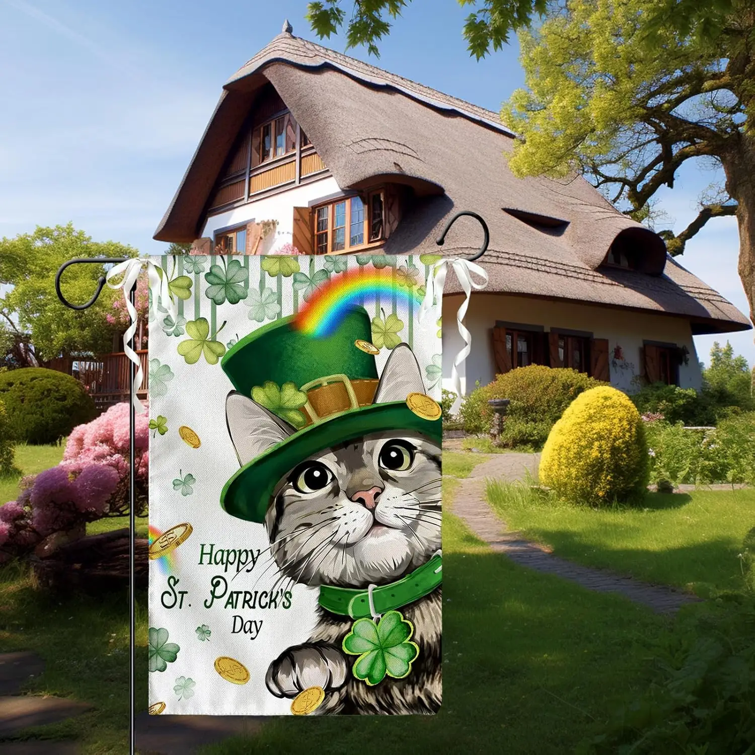 Happy St Patrick's Day Garden Flag Cat with Green Hat Shamrock Yard Flag Shamrock Clover Rainbow Burlap Garden Flags for XAA SSL