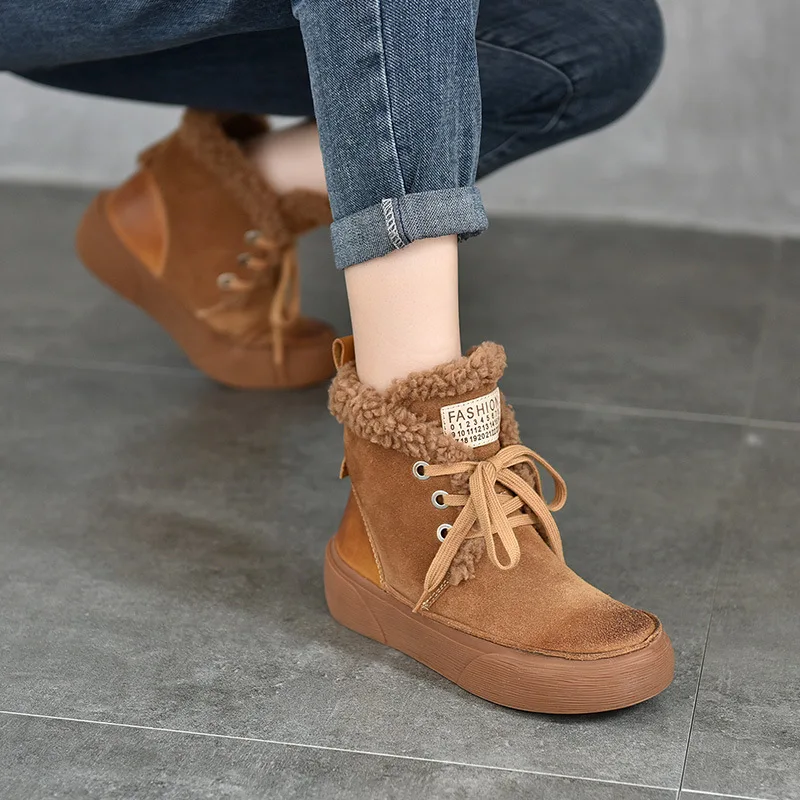

Winter Leather Boots Women Brown Warm Shoes Casual Handmade Genuine Leather Women Ankle Boots for Ladies Plush Insole 2023