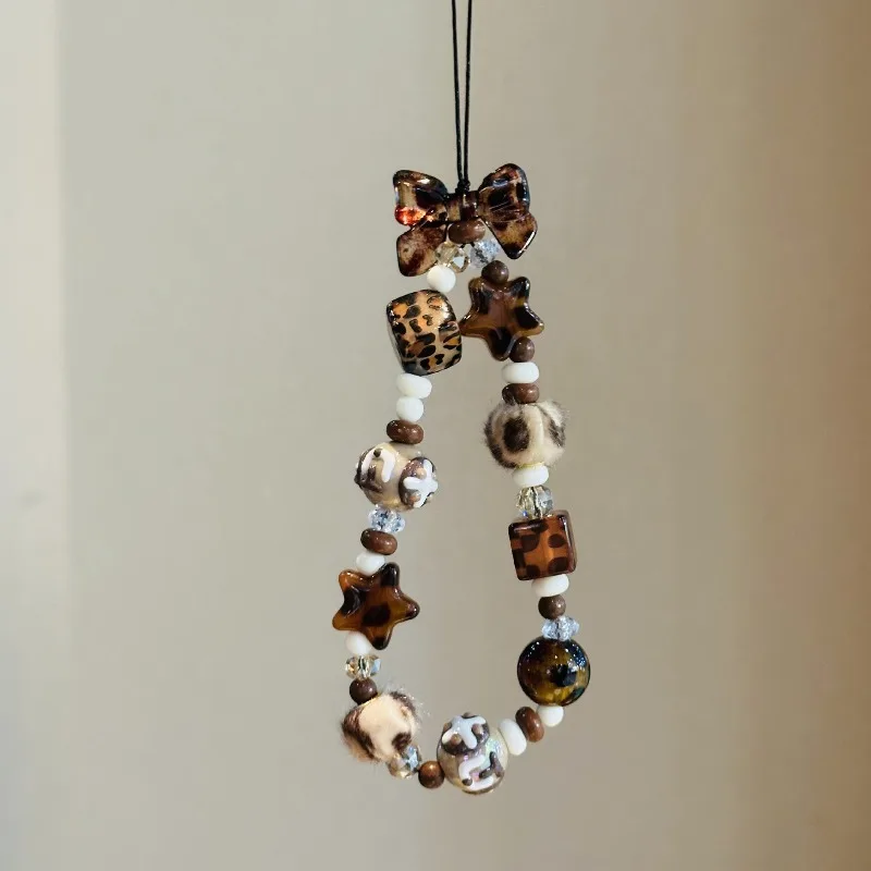 Leopard Print Star Beaded Phone Charm Handmade Retro Brown Bow Bracelet Strap Aesthetic Wild Style Phone Chain For Women