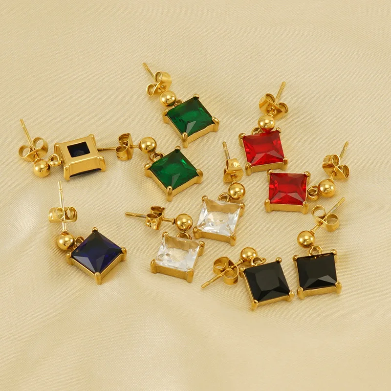 

10Pcs Fashion Simple Stainless Steel Gold Plated Colorful Square Zircon Pendant Drop Earrings for Women