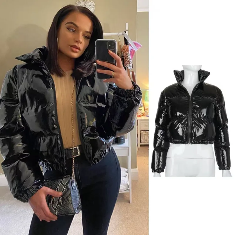 

Black High Street Short Padded Jacket Stand Collar Fashion Thick Coat Qulited Design Chic Cotton Outerwear Warm Coat For Women