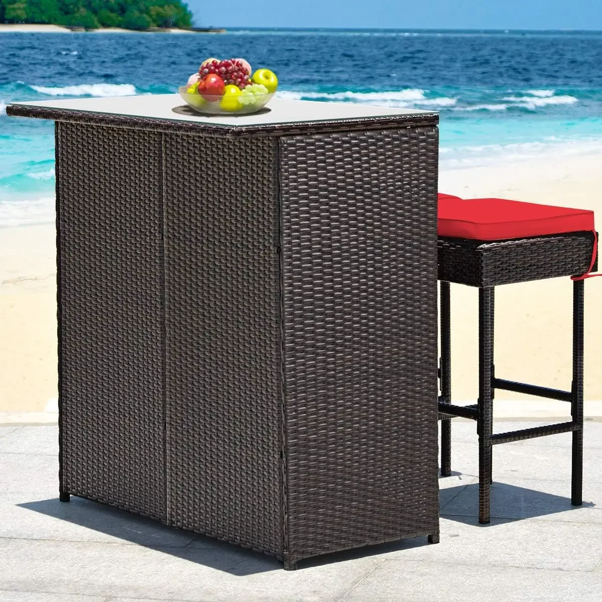 Pátio Rattan Wicker Bar Set, Mobília ao ar livre, Glass Top Table, 2 Almofadas Bancos, 3 Pcs