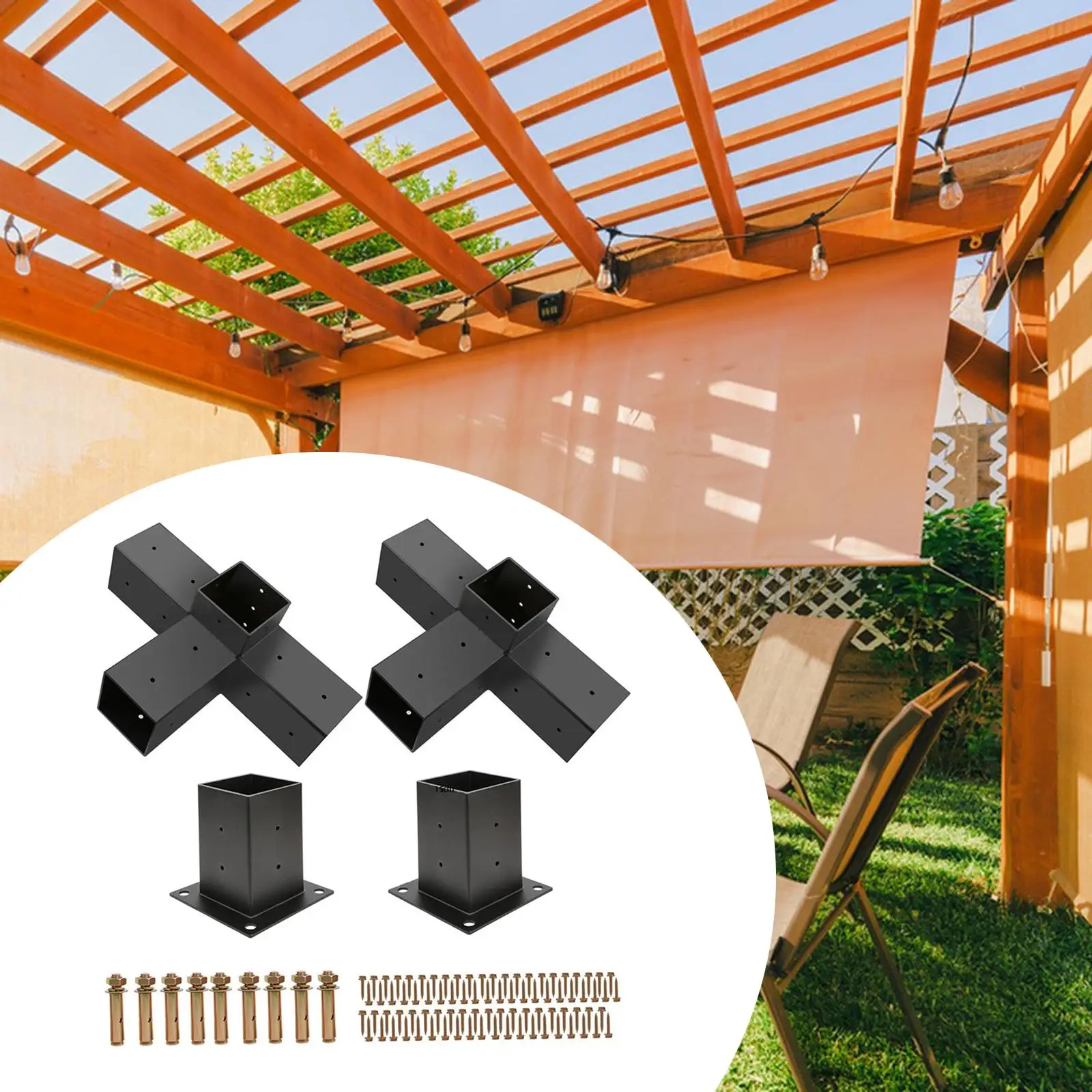 Four Way Right Angle Corner Brackets Post Base Sturdy Pergola Kit for Courtyards Home Improvement Gardens Patio Pergolas Gazebos