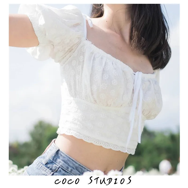 Mai Lace Bubble Sve irt ort Fit Top estivo da donna Colletto quadrato Scava fuori l'ombelico Esposizione Vaion ort irt