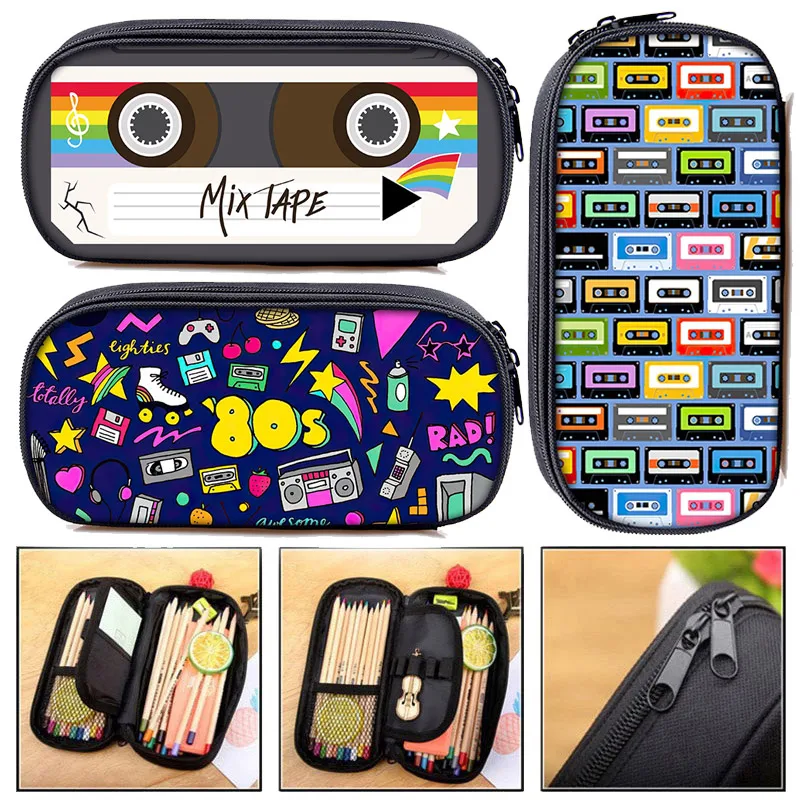 Cassette Tape Recorder Print Pencil Case Back To 80s 90s Cosmetic Bags For Teenager Fashion Pencil Box School Supplies Gift