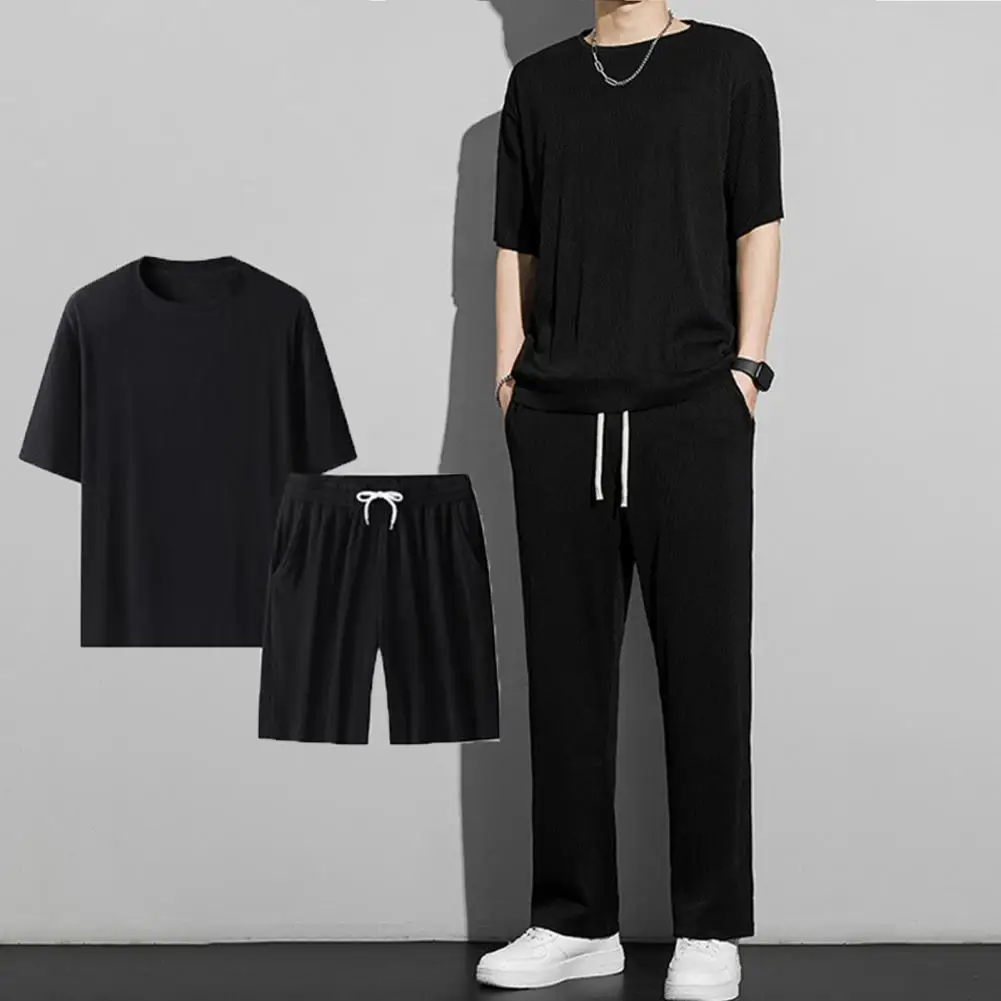 Ice Silk Men Clothing Men's Summer Sports Set Round Neck T-shirt Drawstring Pants Two-piece Set for Indoor Outdoor Casual Wear