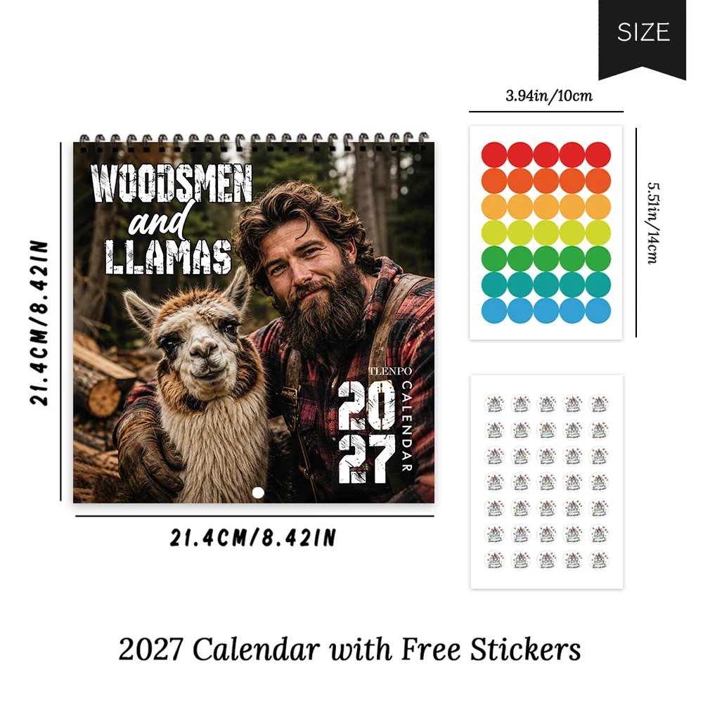 1pc 2027 Lumberjack And Alpaca Wall Calendar,12‑Month Planner,Gift For Back‑to‑School,Christmas,New Year,Free Stickers Included
