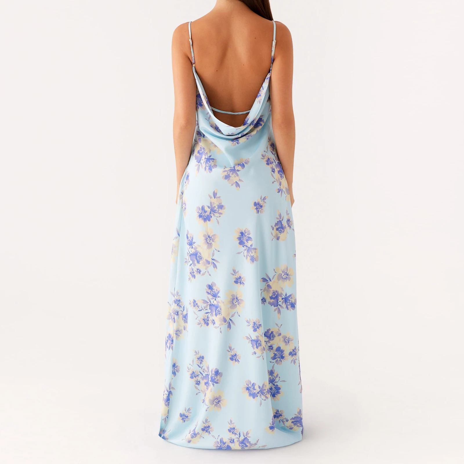 Boho ผู้หญิงฤดูร้อนชุด Cami ยาวแขนกุดเปิดกลับดอกไม้พิมพ์สปาเก็ตตี้ชุดเซ็กซี่ชุดเปลือย Clubwear