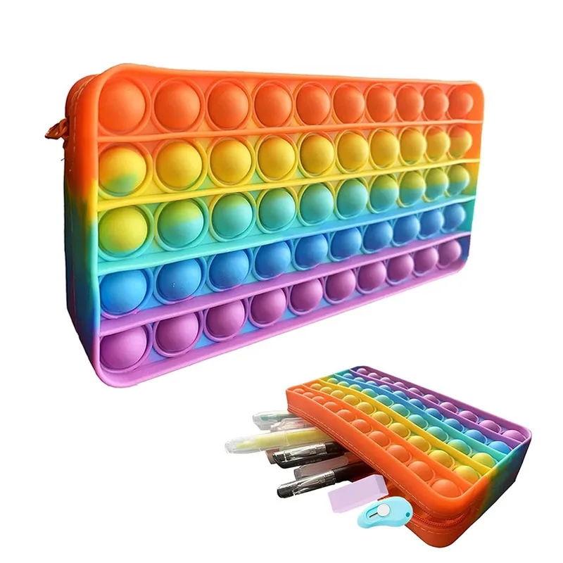 Rainbow Push Bubble Pencil Case Silicone Stationery Storage Bag ADHD Sensory Fidget Toys For Kids Boys Girls Decompression Gifts