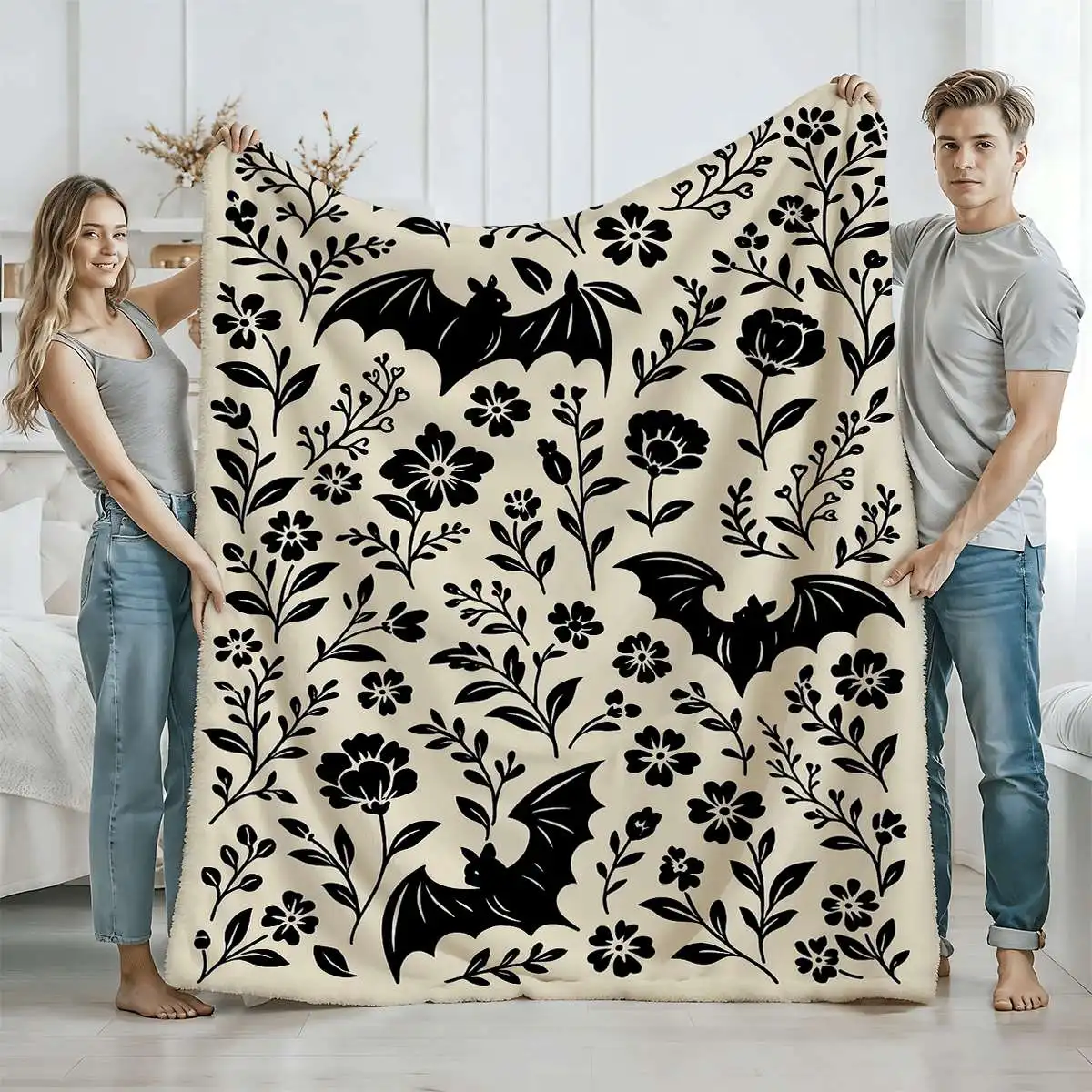 1pc Gothic Bat & Floral Soft Flannel Blanket - Black & White Bat Wing Pattern Throw, All-Season Cozy Bedspread for Couch, Bed, Travel - Goth Bedding Gift for &, Hand Wash Only