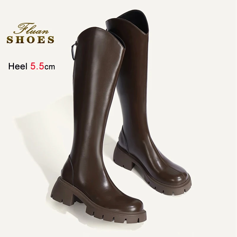 

Длинные сапоги на массивном каблуке 5,5 см в британском стиле с молнией сзади, женские коричневые осенние ботинки с v-образным вырезом, рыцарские сапоги на нескользящей платформе для женщин