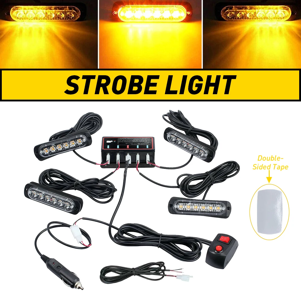 4x Truck 12V 24V LED Strobe Warning Light Strobe Grille Flashing Lightbar Amber Recovery Strobe Marker Light Bar Beacon Car