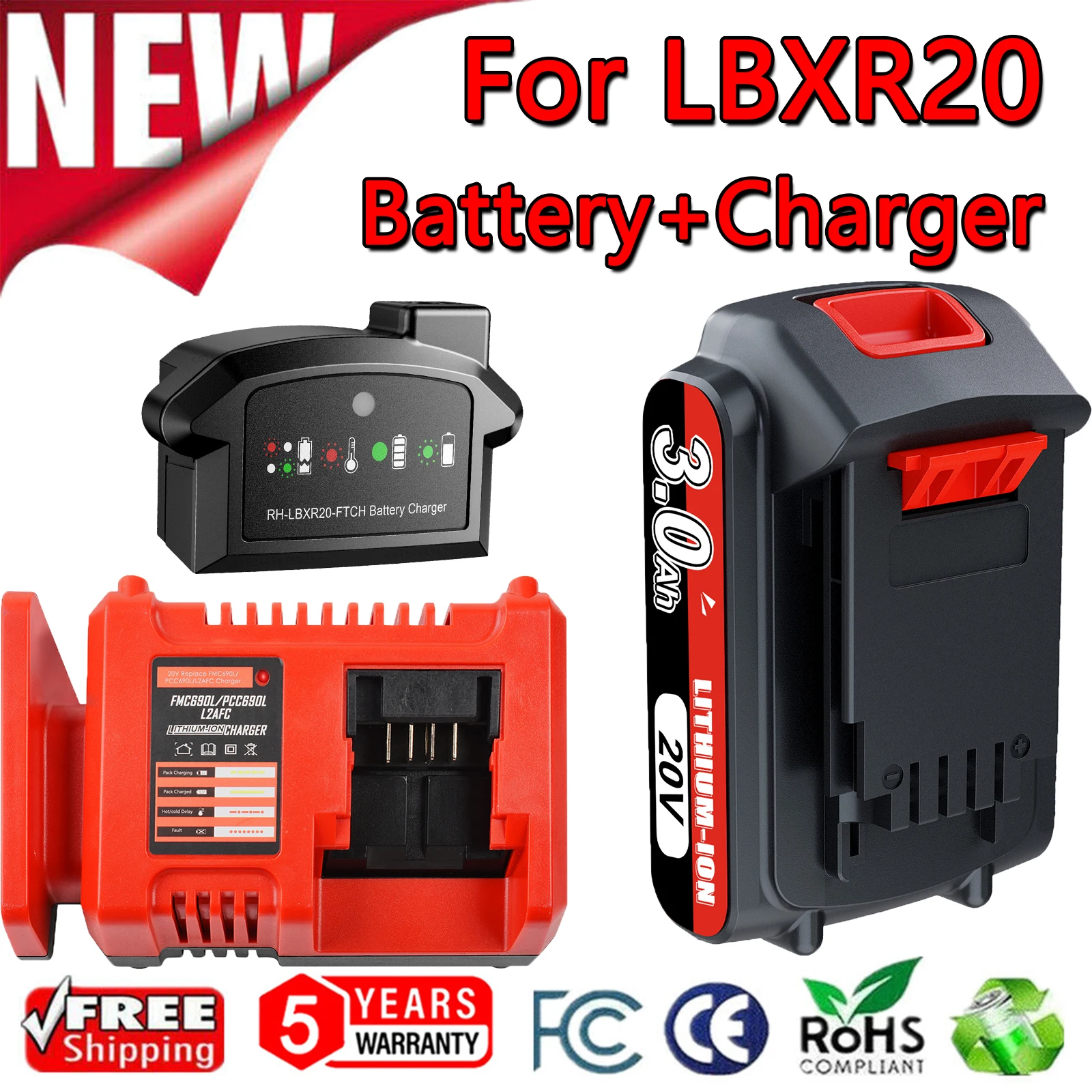 Batterie de rechange 20V 3000mAh Eddie ion pour Black & Decker LBXR20 LB20 LBX20 LBXR2020 Outils électriques LB2X4020-OPE Chargeur de batterie