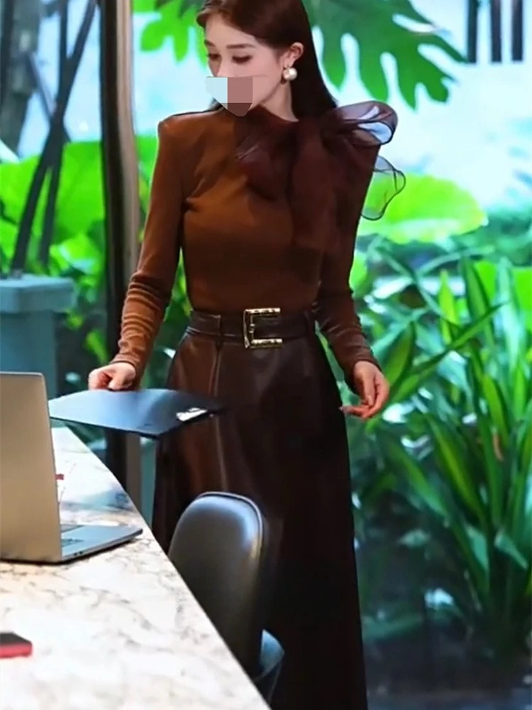 Tempérament élégant deux pièces ensemble femmes automne nouveau minceur pull + à lacets demi-jupe haut de gamme Design sens ensemble