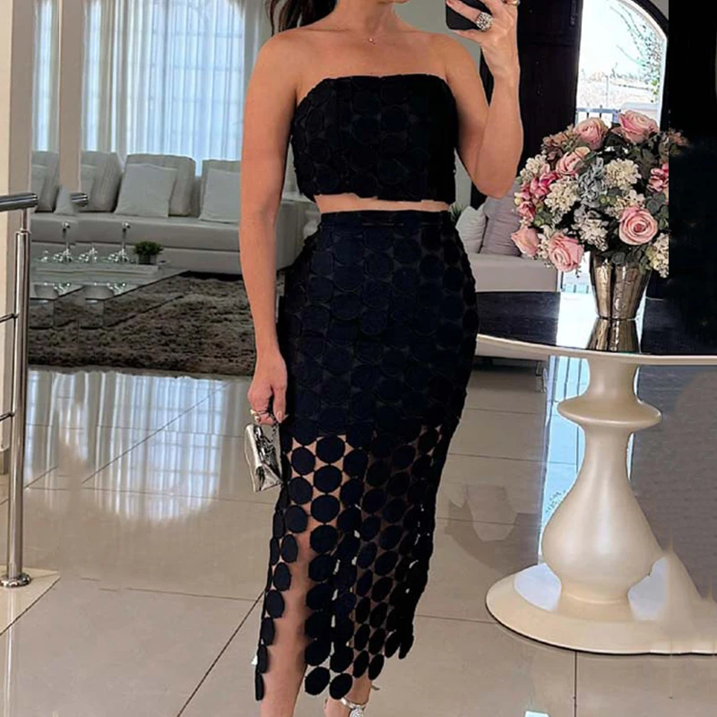 Women Elegant Hollow Out Holiday Outfits 2024 Fashion Solid Slim 2Pc Suits Sexy Off Shoulder Strapless Top & Hip Wrap Skirt Set