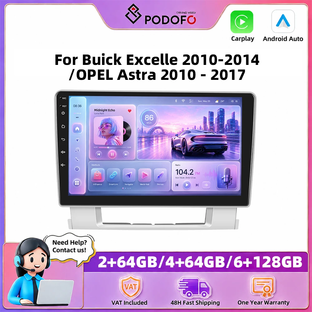 Podofo – autoradio 9 pouces pour Buick Excelle 2010-2014/OPEL Astra 2010-2017, Carplay sans fil, Android Auto, systèmes de voiture intelligents, navigation GPS, lecteur multimédia, MirrorLink, BT, WIFI, unité principale