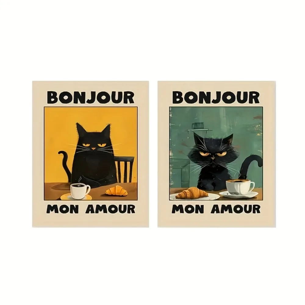 2pcs/set Frameless Funny Black Cat Coffee Canvas Poster,Bonjour Mon Amour,Modern Living Room Kitchen Coffee Shop Bar Home Decor