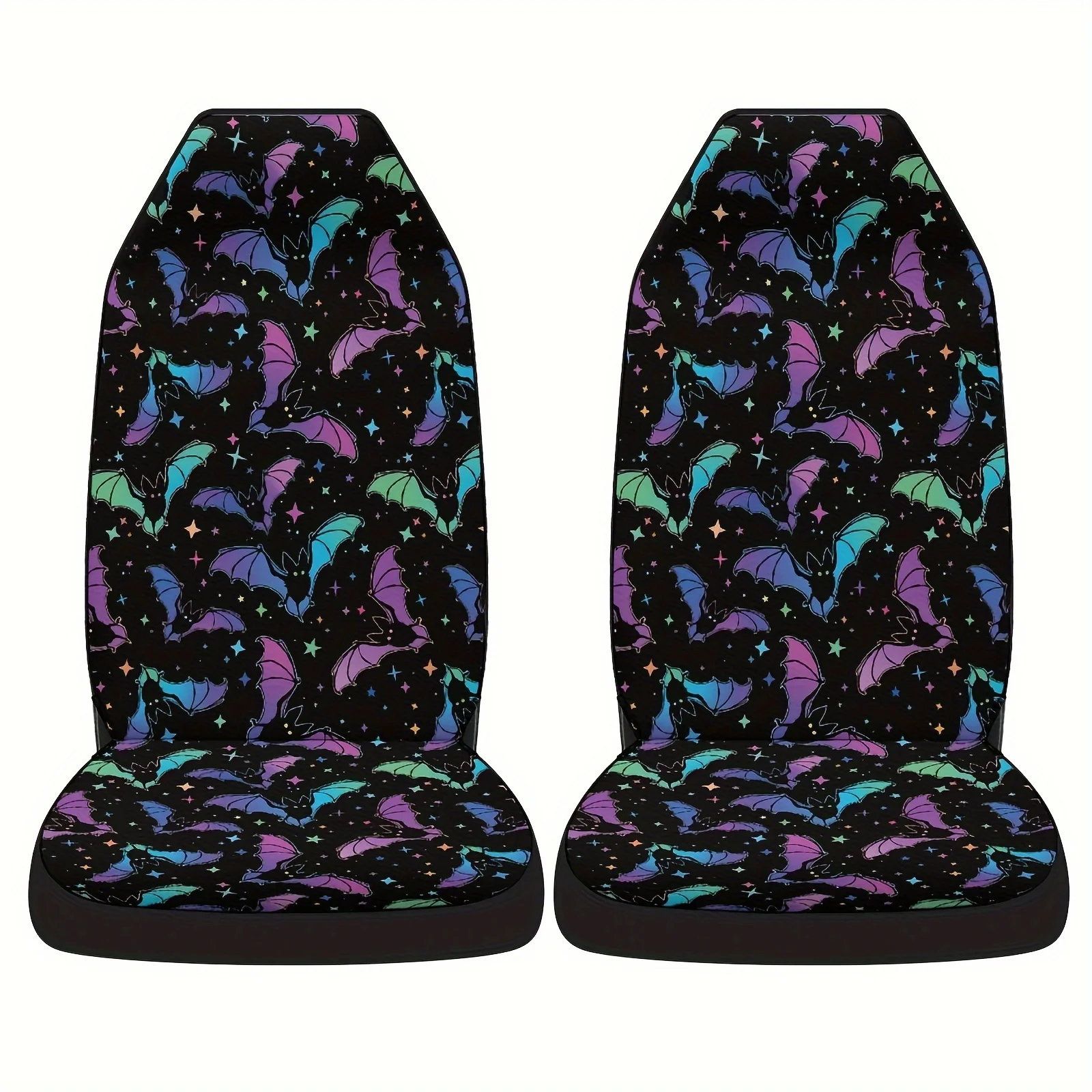 A Set Of Two Colorful Bat Print Car Seat Covers Suitable For Most Vehicle Models, Perfect As A Halloween Gift