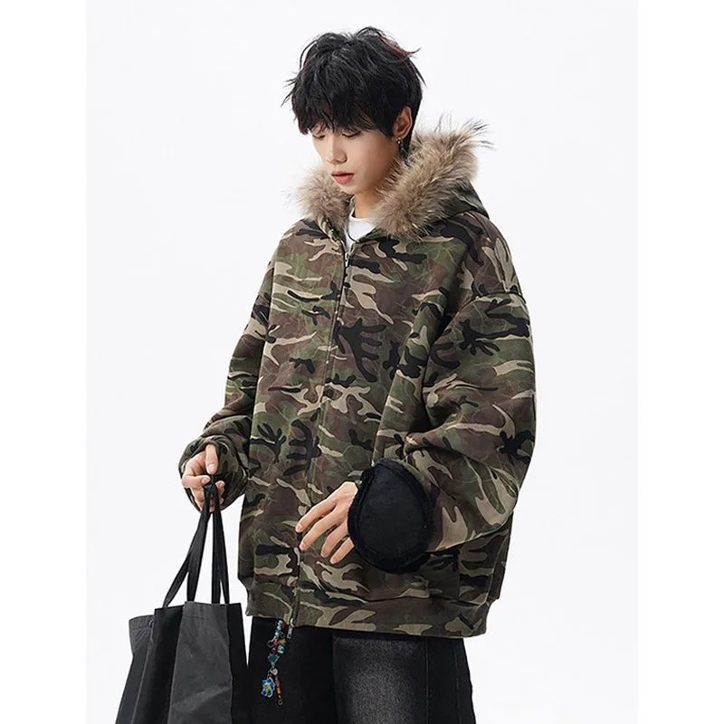 American Retro Camouflage Jacket Mens 2026 Spring Fur Collar Loose Trend Coats Heavy Punk Rock Fashion Street Man Cardigan Tops