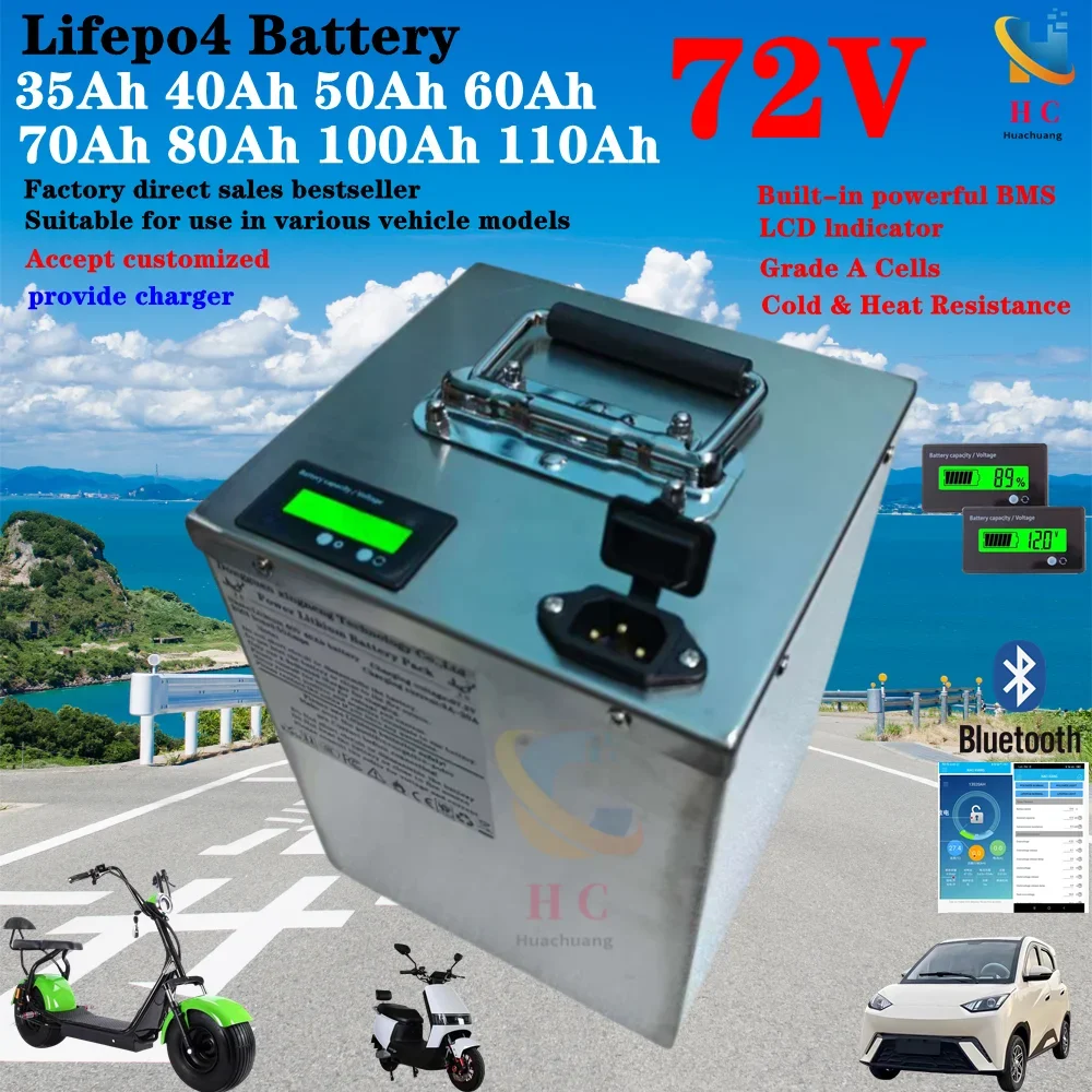 

72v Lifepo4 40Ah 50Ah 60Ah 70Ah 80Ah 100Ah 110Ah Lithium Battery for 2KW 3KW Rickshaw Skateboard Two Wheeler Mini Car EV RV