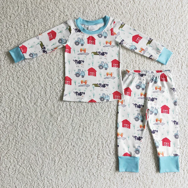 

Baby Boy Farm Life Nightwear Clothing Children Long Sleeves Cow Blue Pants Sleepwear Two Piece Set Kid Outfit Toddler Pajamas