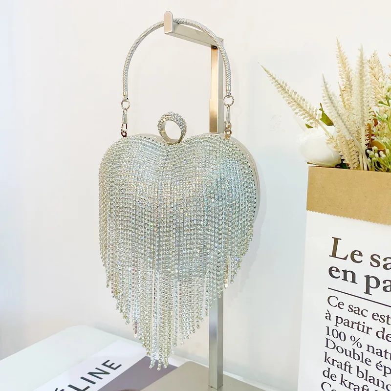 Heart Shape Rhinestone Tassel Evening Bag Women Luxury Party Clutches Handbag Elegant Glitter Banquet Wedding Chain Shoulder Bag