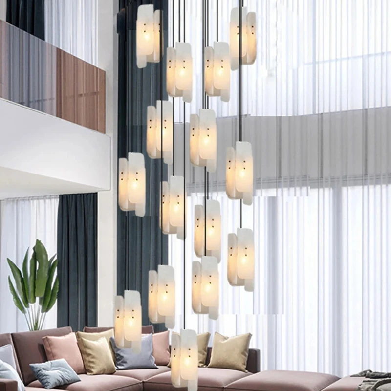 American LED Full Copper Marble Chandelier Suitable for Staircase Living Room By The Bedside Pendant Lamp Home Design Fixture