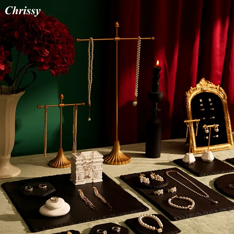 

Роскошный дисплей для ювелирных изделий из черного шиферного камня, современный держатель для ожерелья и сережек с бархатным подносом, фон для фотосъемки для бутика