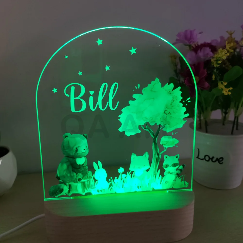 Personalizowana lampka nocna dla dzieci z motywem zwierząt, akrylowa lampka nocna z własnym imieniem, dekoracja do pokoju dziecięcego, prezent na urodziny, Boże Narodzenie dla noworodka