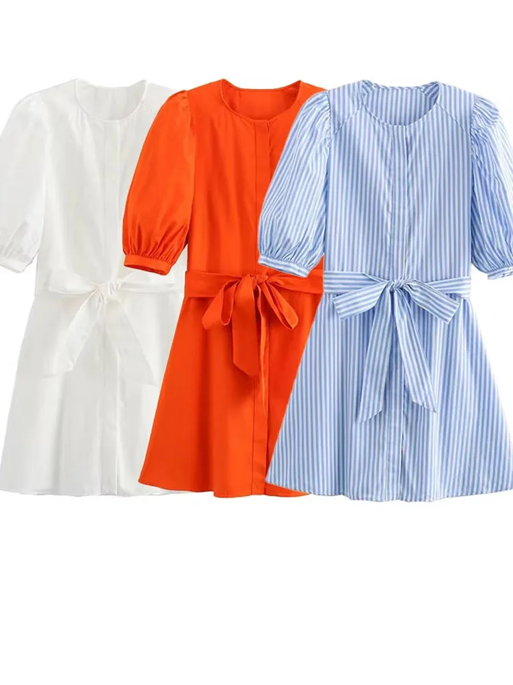Female Casual Loose Mini Dress Solid Orange O-Neck Puff Sleeve With Bow Belt Dress 2024 Summer Trendy Mujer Vestidos