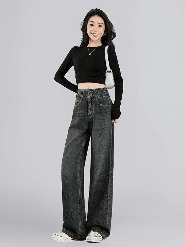 Retro cimento ey perna larga corte reto jeans feminino solto emagrecimento versátil design outono nova chegada calças compridas de cintura alta