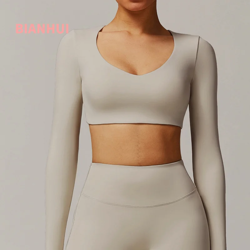 

BIANHUI Tight-Fitting Quick-Dry Nude Feel Yoga Long Sleeve For Women V Short Slim Fit Top Sportswear Woman Gym Woman Clothing