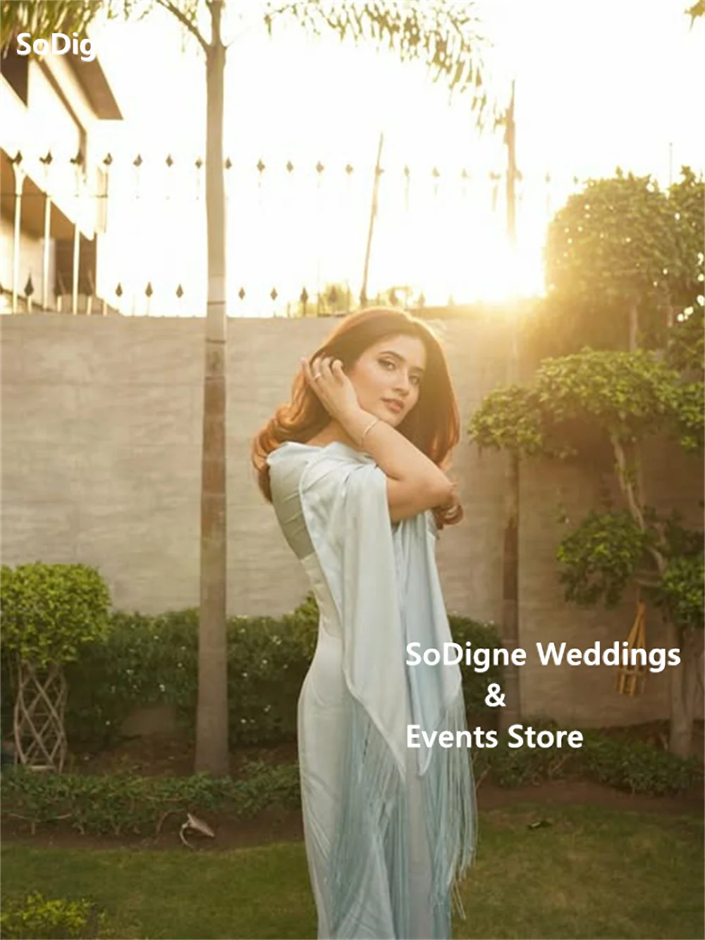 SoDigne Light Blue A-Line Evening Dress Short Sleeve Shoulder Prom Gown Elegant Satin Party Dress 2026 Customized