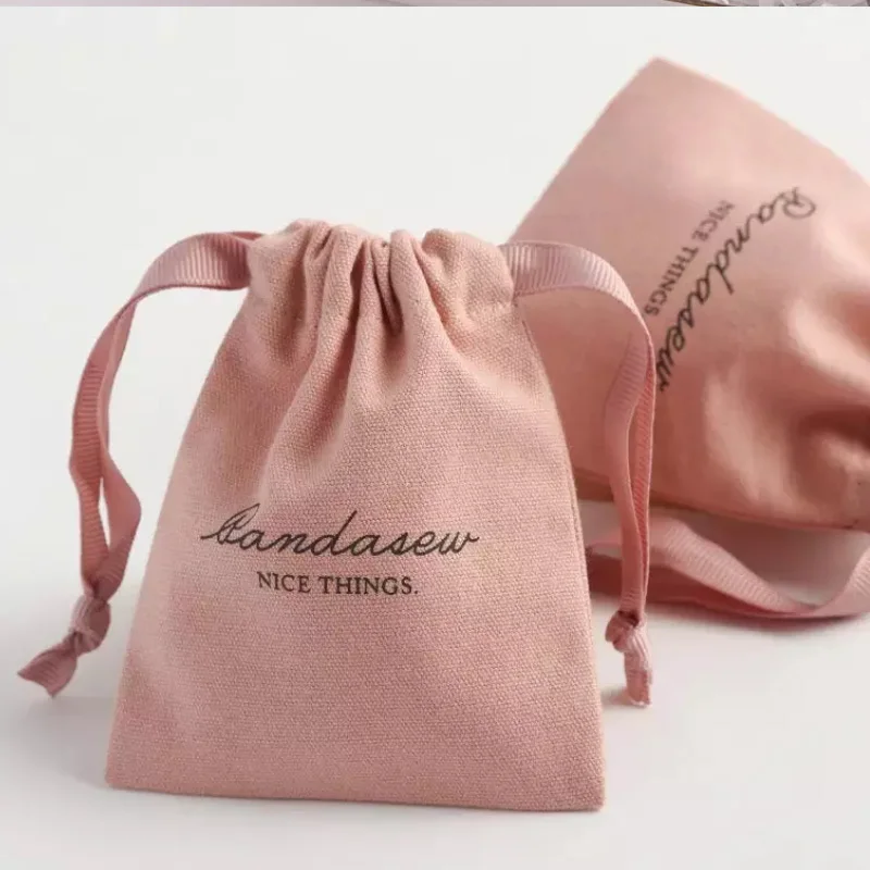 

Pink Cotton Gift Bags Eyelashes Makeup Drawstring Pouches Custom Logo Muslin Jewelry Packaging Sack